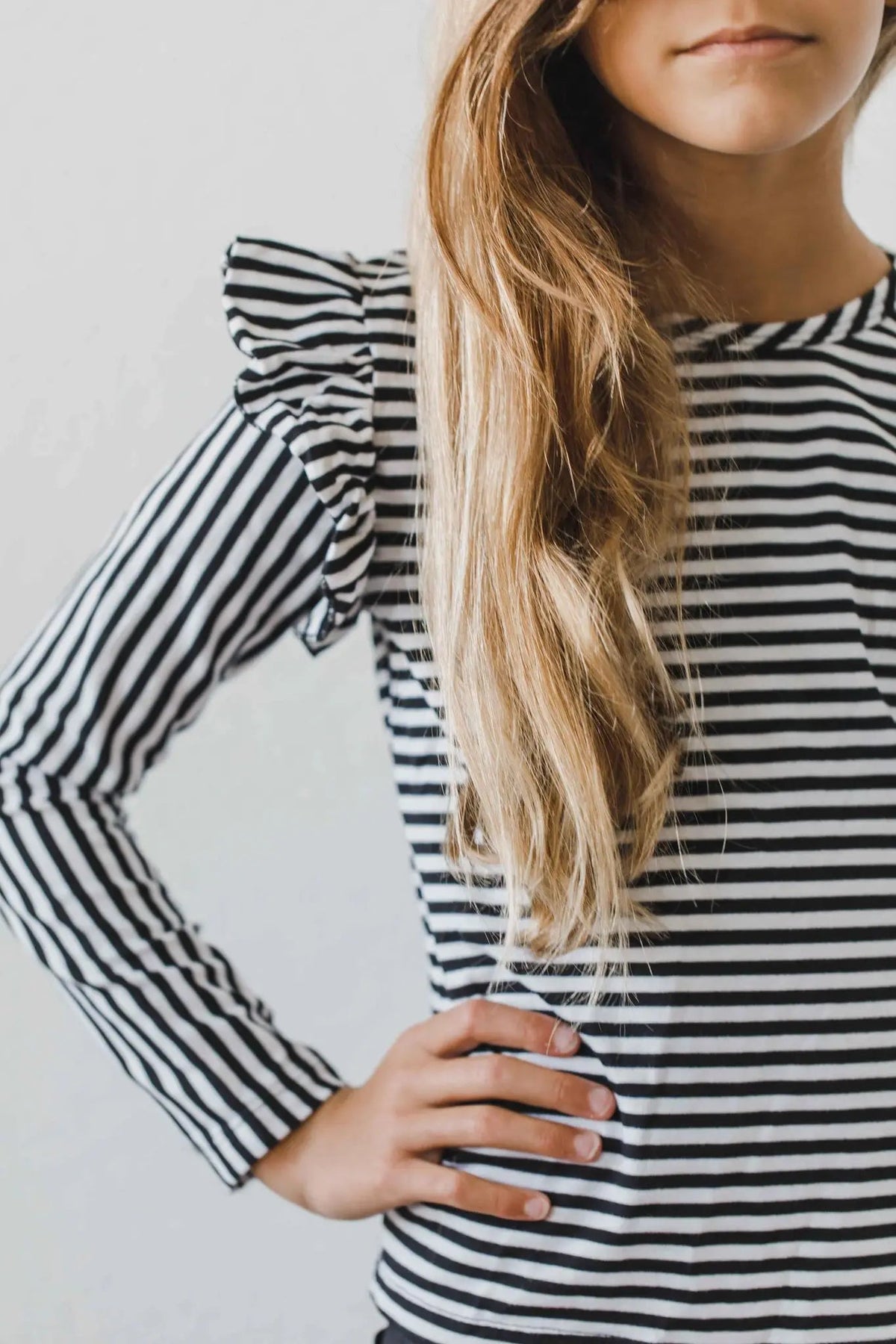 Mila & Rose ® Black & White Stripe L/S Ruffle Tee - 