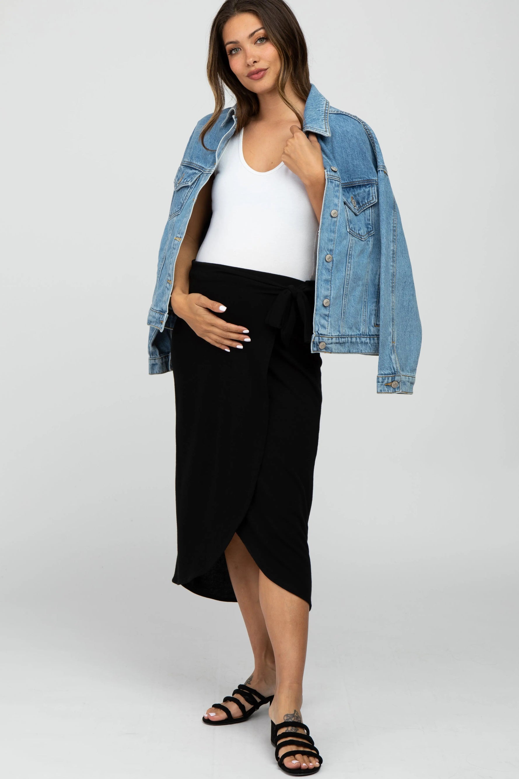 Black Wrap Maternity Midi Skirt - Wrap, Foot, Person, Skirt, Top | Everetts Place