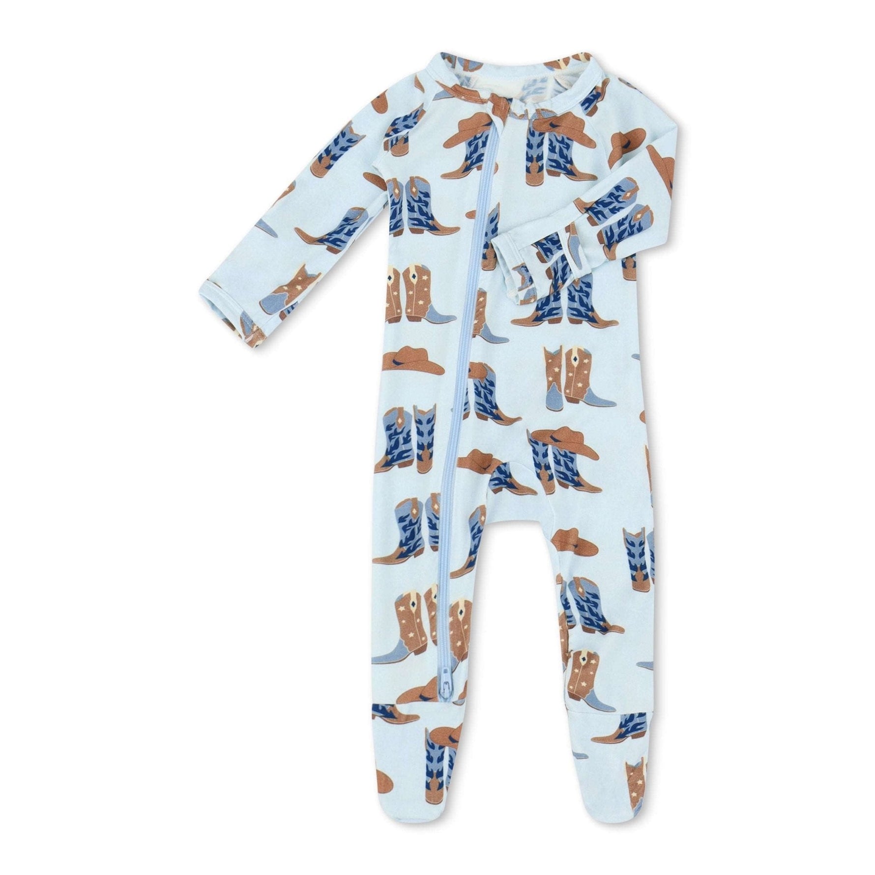 Footie pajamas with a blazing boots pattern, full-length front zipper, and covered feet
