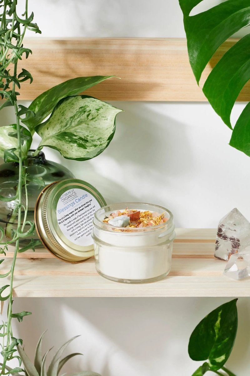 Butter Me Up Organics Blessings Intention Candle with Crystals and Essential Oils for Positive Vibes - 