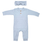 Three Little Tots Blissful Blue Baby Ribbed Playsuit with pockets - 