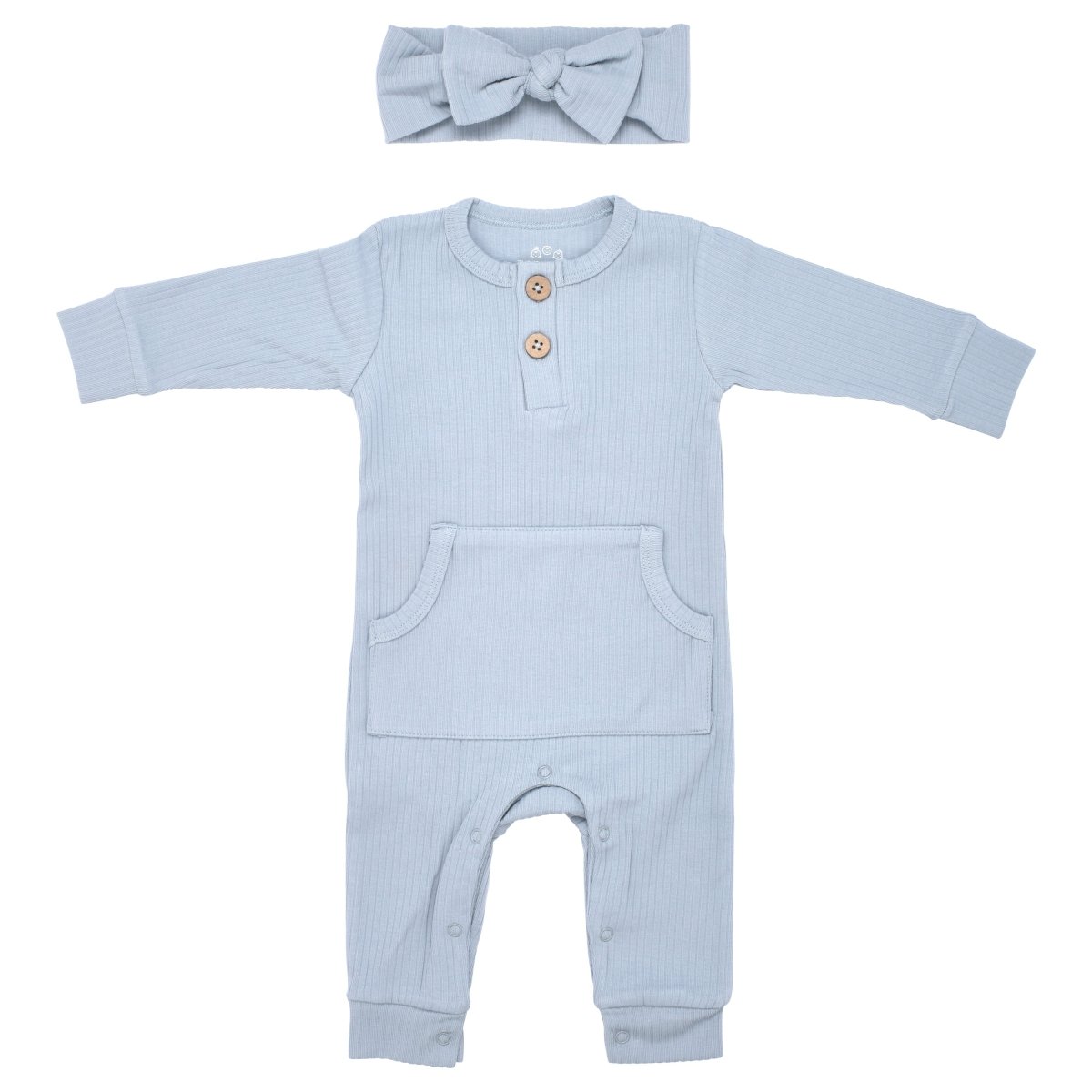 Three Little Tots Blissful Blue Baby Ribbed Playsuit with pockets - 