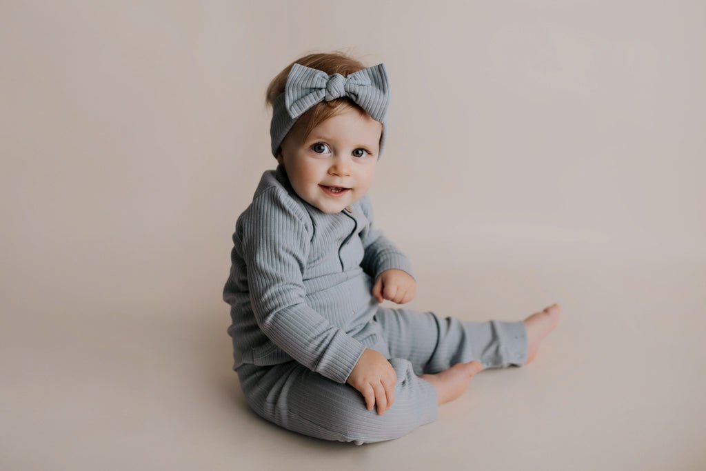 Three Little Tots Blissful Blue Baby Ribbed Playsuit with pockets - 