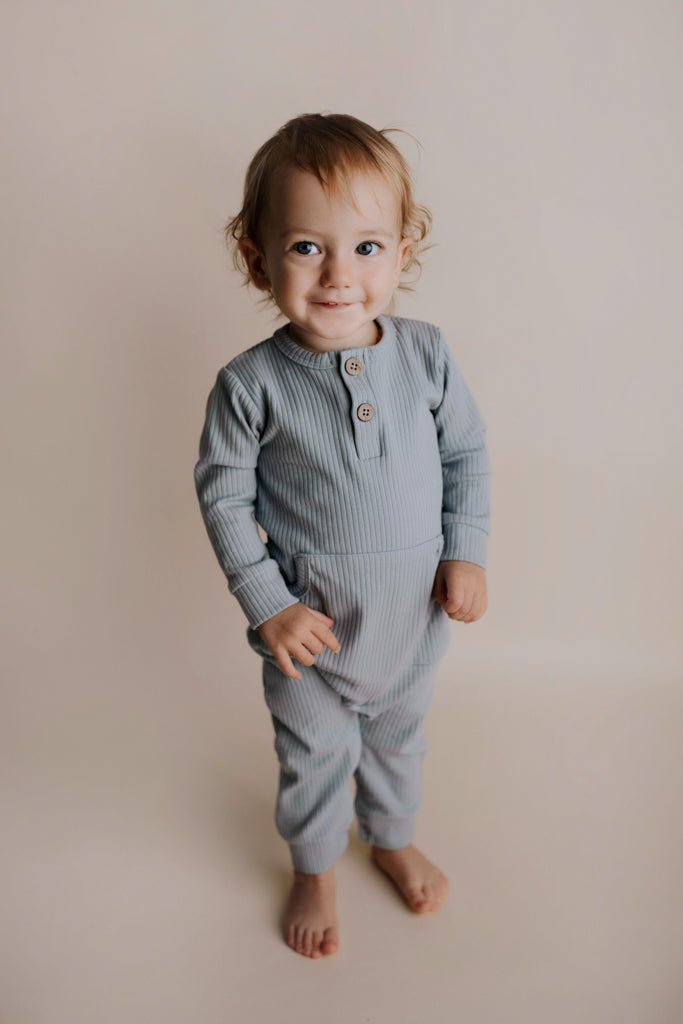Three Little Tots Blissful Blue Baby Ribbed Playsuit with pockets - 