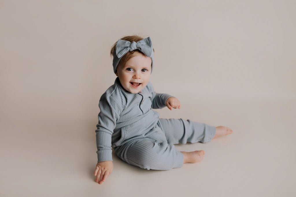 Three Little Tots Blissful Blue Baby Ribbed Playsuit with pockets - 