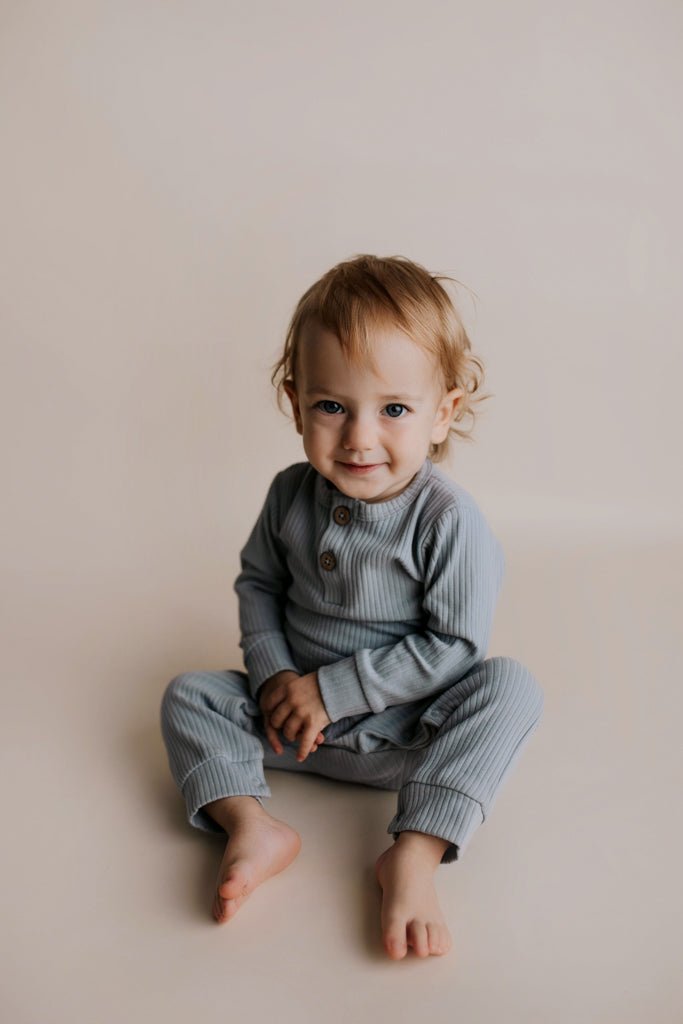 Three Little Tots Blissful Blue Baby Ribbed Playsuit with pockets - 