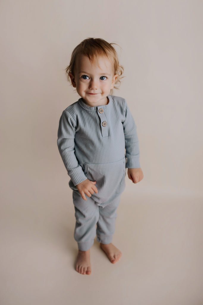 Three Little Tots Blissful Blue Baby Ribbed Playsuit with pockets - 