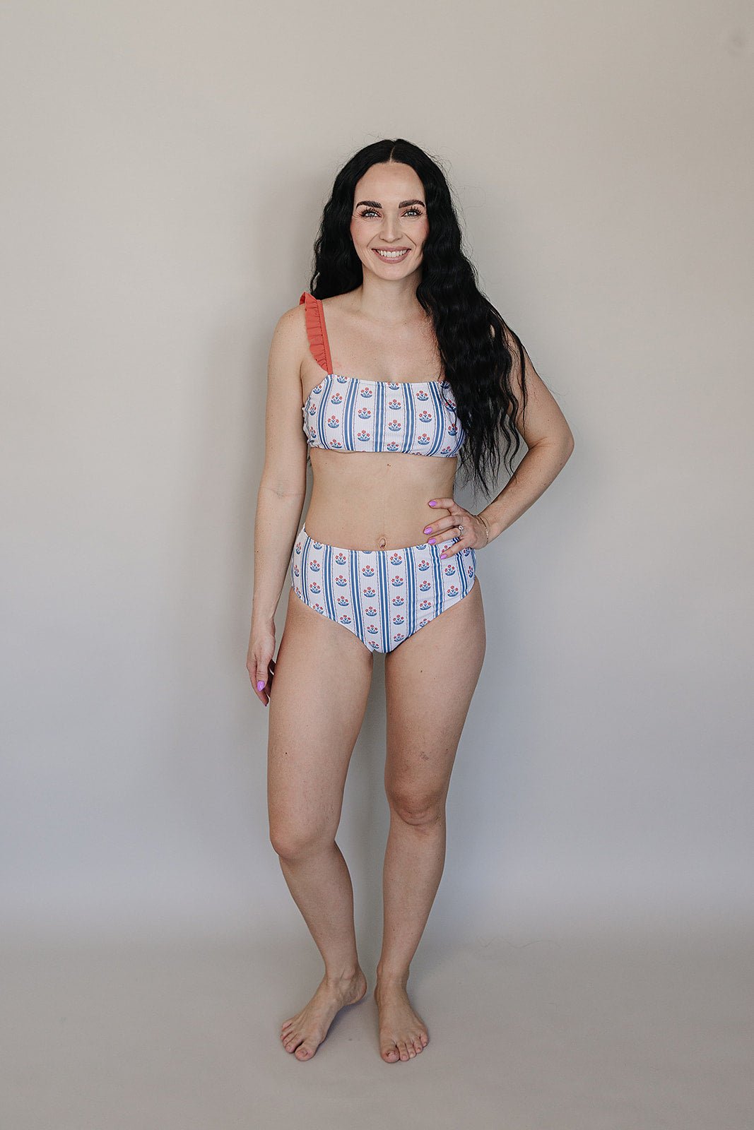 Mebie Baby Block Print Floral Women Two Piece Swimsuit Vintage Inspired Beachwear - 