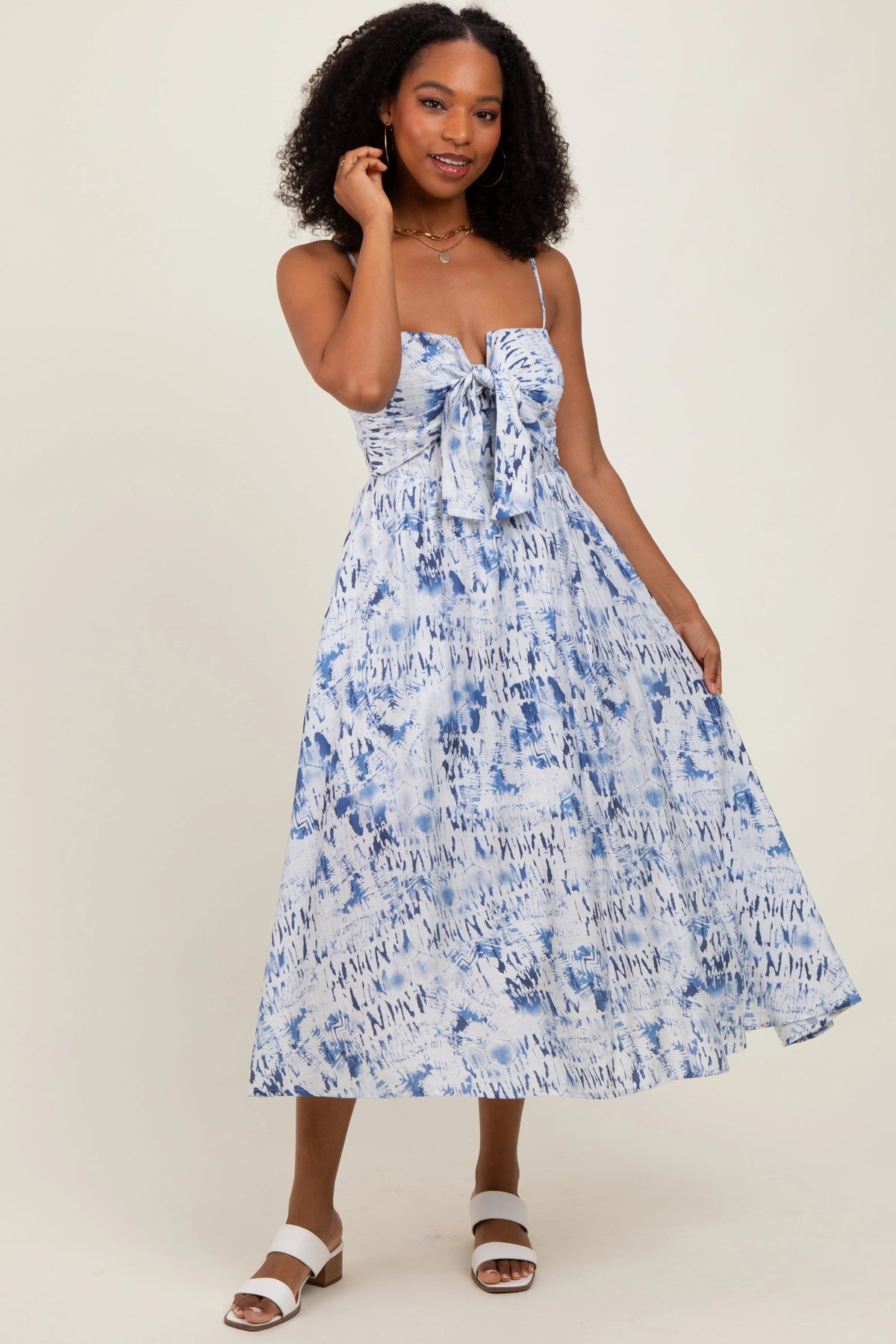 PinkBlush Blue Adjustable Strap Tie Front Maternity Midi Dress - 