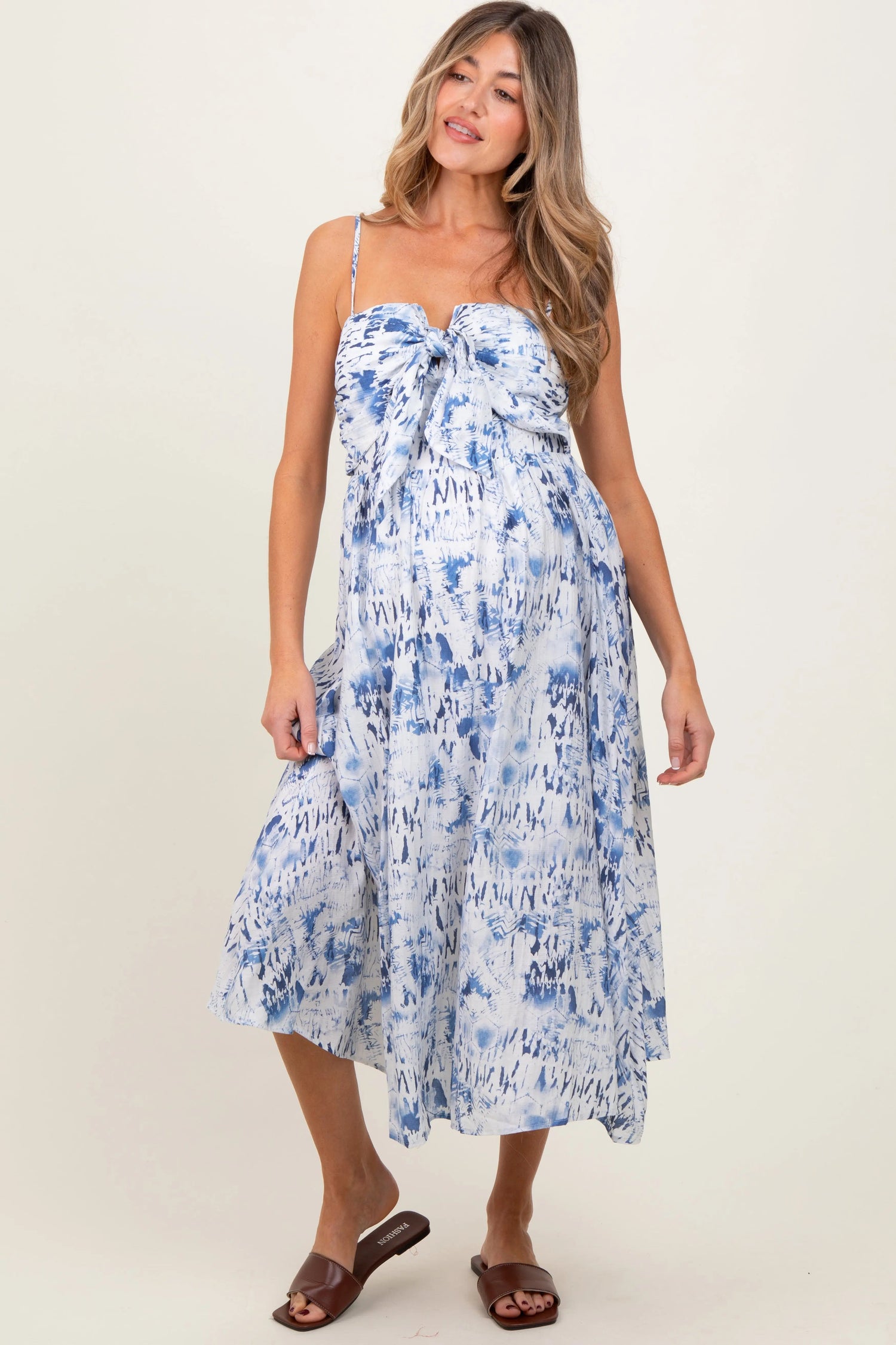 PinkBlush Blue Adjustable Strap Tie Front Maternity Midi Dress - 
