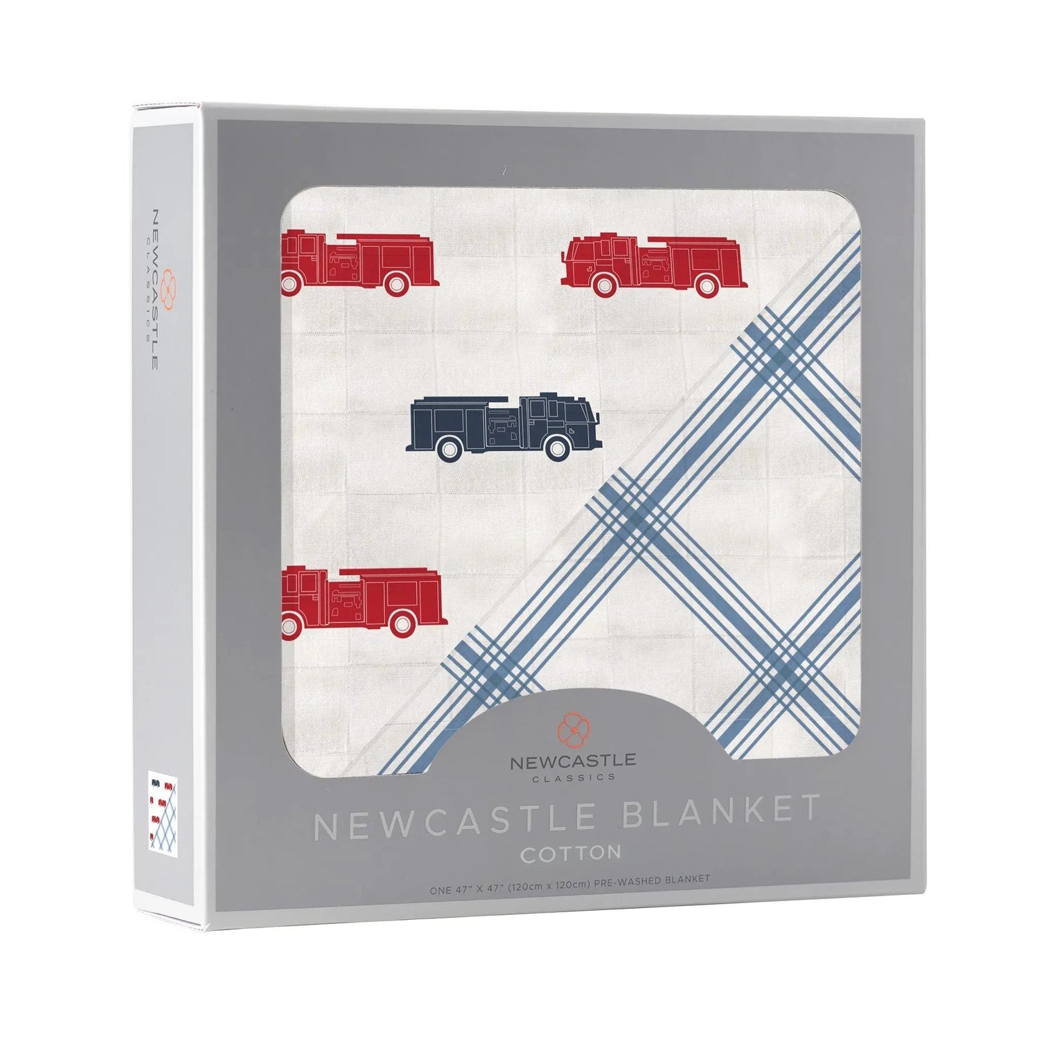 Newcastle Classics Blue and Red Fire Trucks and Buffalo Check Plaid Newcastle Blanket - 