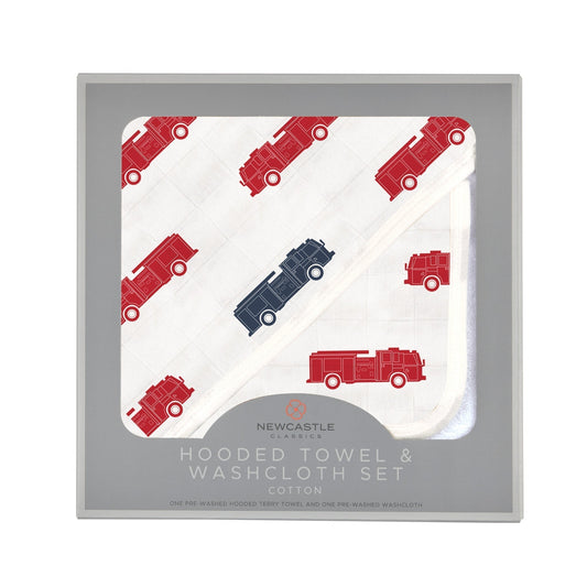 Blue And Red Fire Trucks Hooded Towel And Washcloth Set For Kids Newcastle Classics