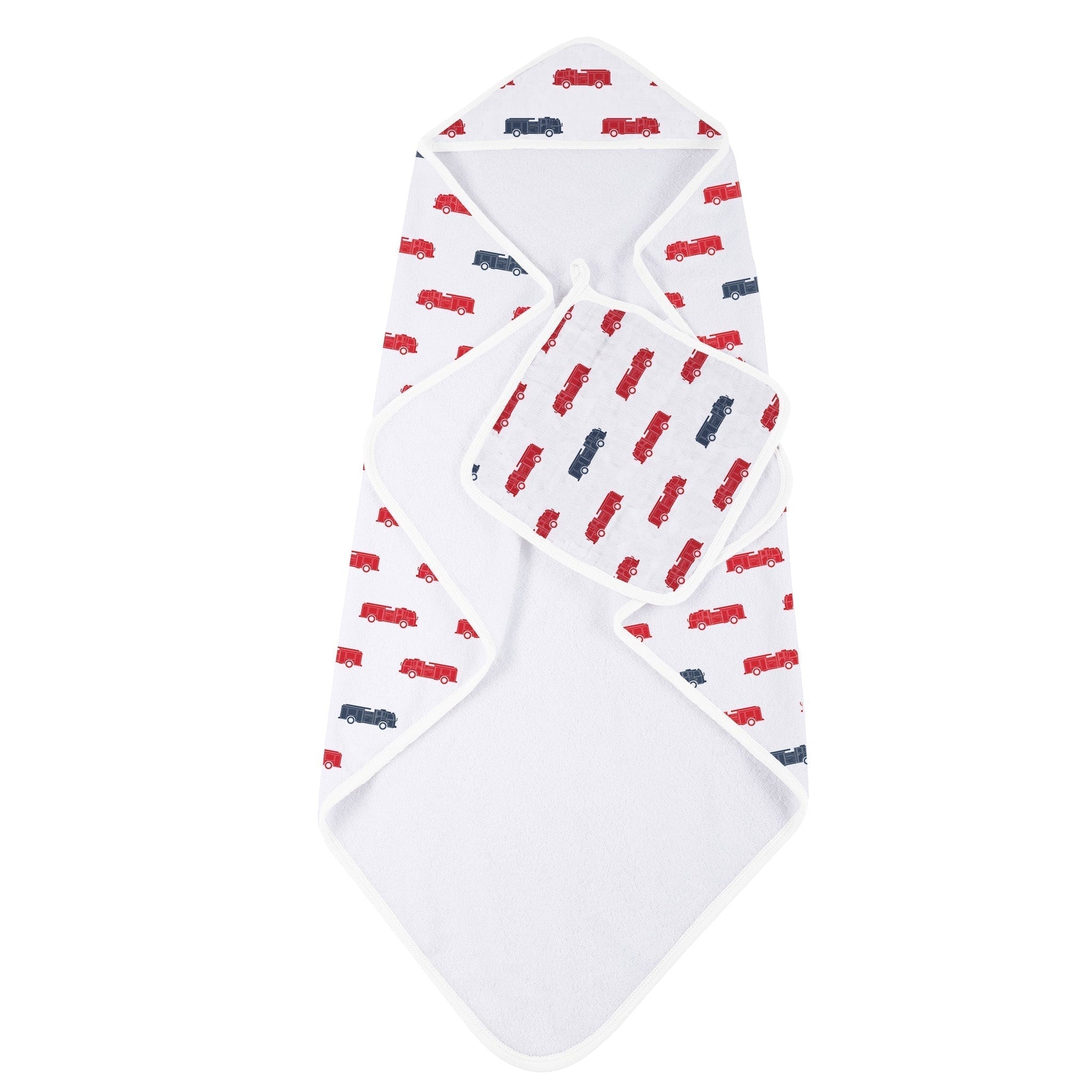 Blue And Red Fire Trucks Hooded Towel And Washcloth Set For Kids Newcastle Classics