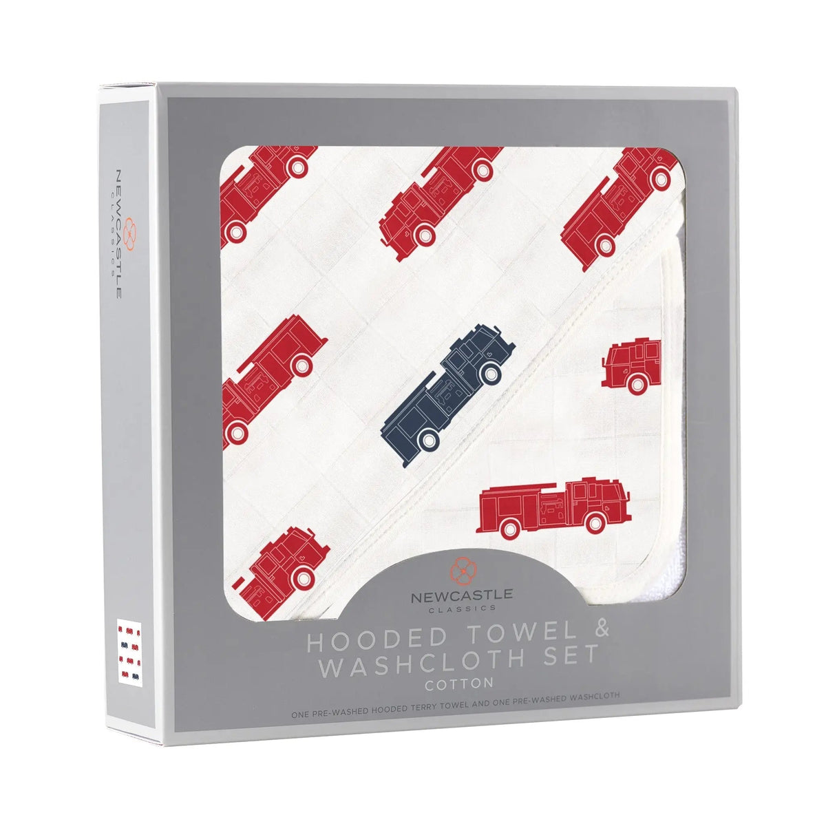 Newcastle Classics Blue and Red Fire Trucks Hooded Towel and Washcloth Set - 