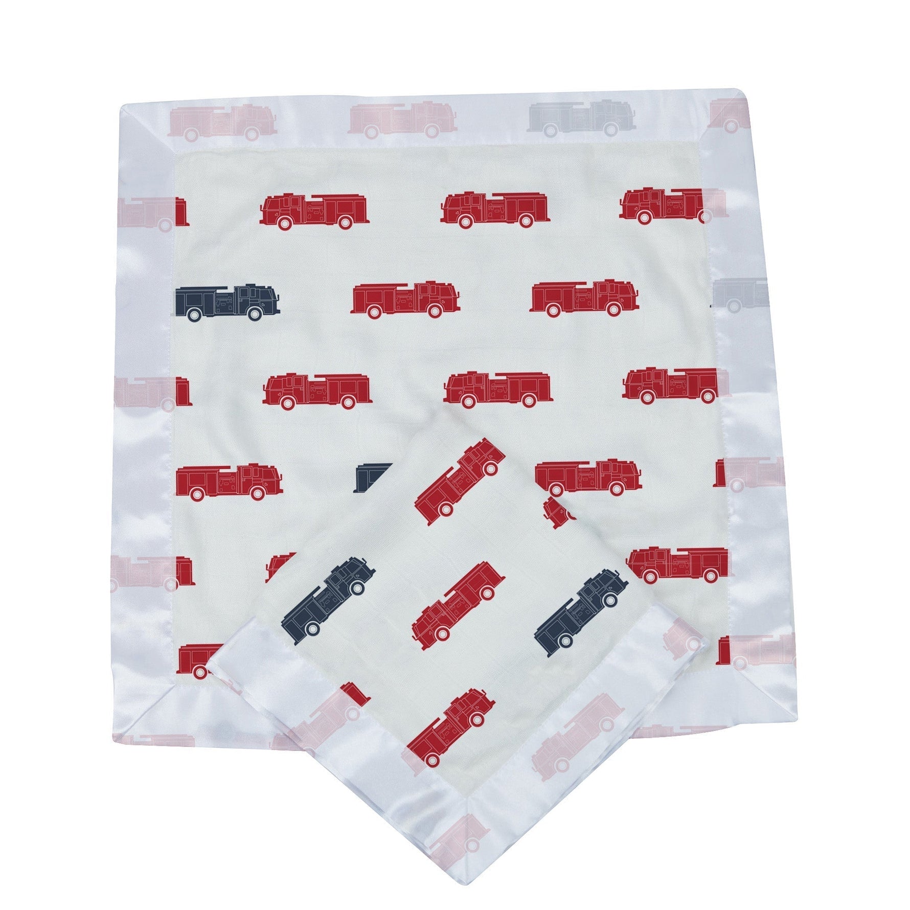 Organic baby blanket by Newcastle Classics with a vibrant blue and red fire truck print, soft texture visible.