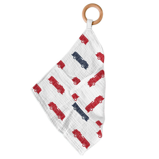 Blue and Red Fire Trucks Newcastle Teether with Removable Beach Wood Ring Newcastle Classics