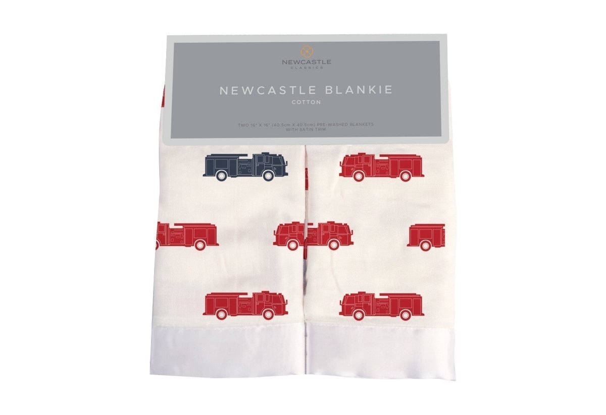 Newcastle Classics Blue and Red Fire Trucks - Soft Cotton Muslin Security Blanket for Toddlers - Everetts Place Boutique -