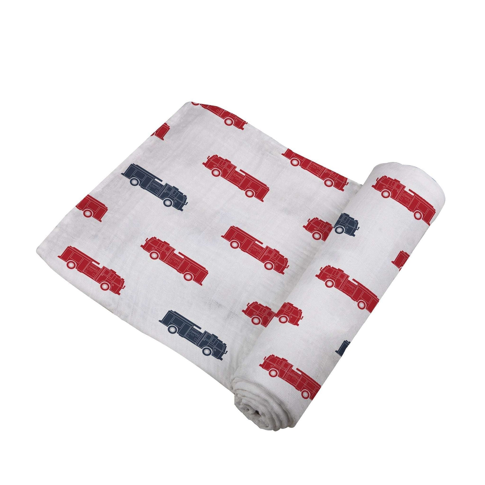 Blue And Red Fire Trucks Swaddle Blanket 100 Percent Natural Cotton Muslin Breathable Soft Pre Washed Newcastle Classics