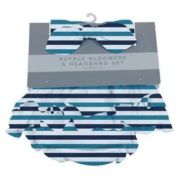 Newcastle Classics Blue and White Stripe Ruffle Bamboo Bloomer Headband Set - 