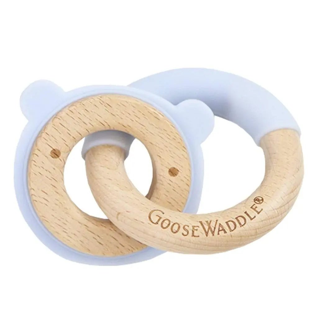 Goosewaddle® | Newborn Baby Blankets Toys Teethers Bibs & More Blue Bear Silicone and Wood Double Teether for Infants