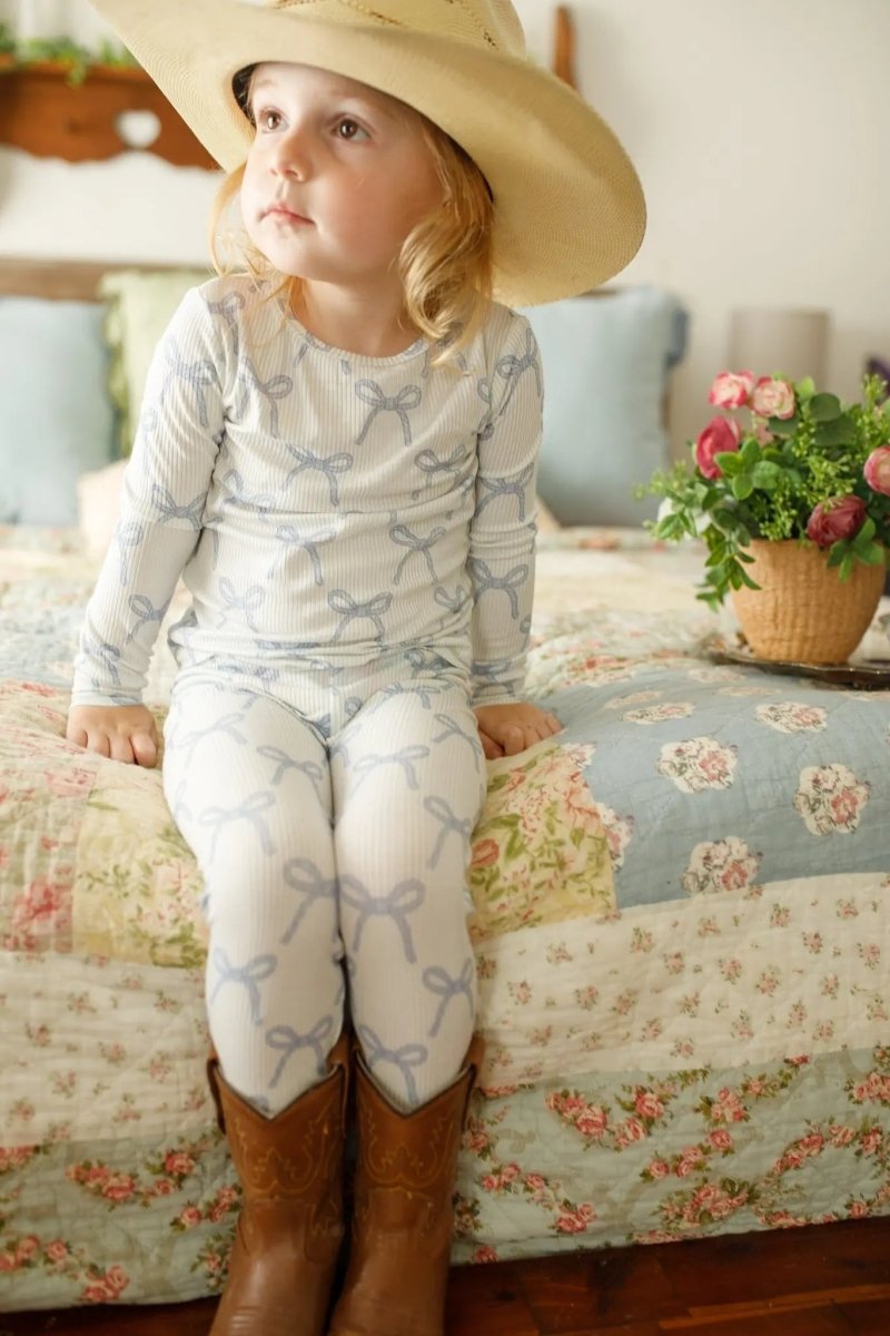 Little Joy Co. Blue Belle 2pc Ribbed Bamboo Pajamas Sleep Set For Kids - Everetts Place Boutique - 