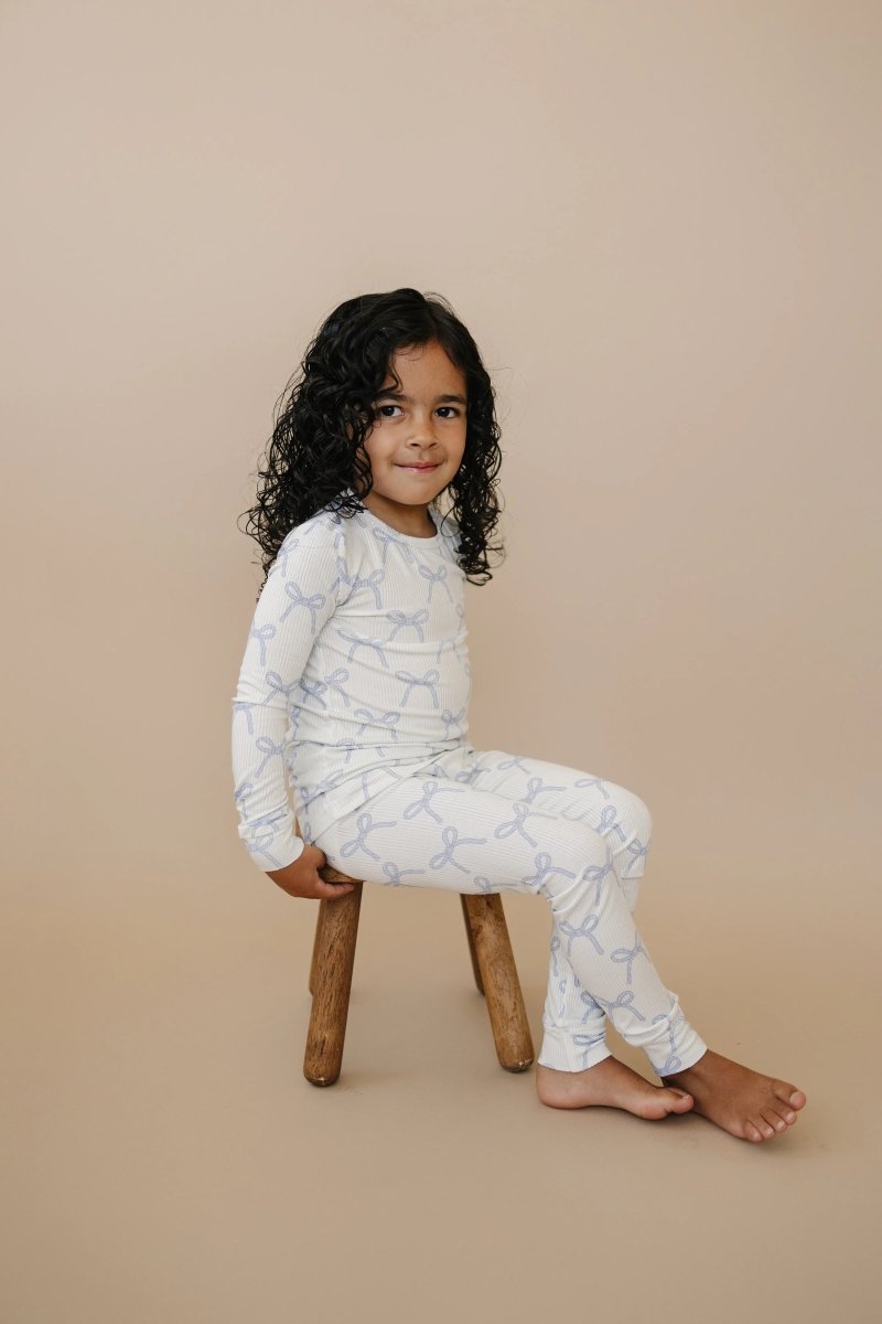 Little Joy Co. Blue Belle 2pc Ribbed Bamboo Pajamas Sleep Set For Kids - Everetts Place Boutique - 