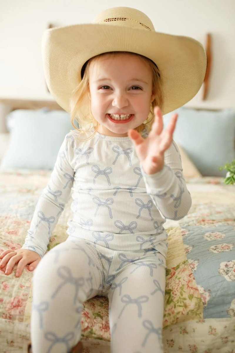 Little Joy Co. Blue Belle 2pc Ribbed Bamboo Pajamas Sleep Set For Kids - Everetts Place Boutique - 