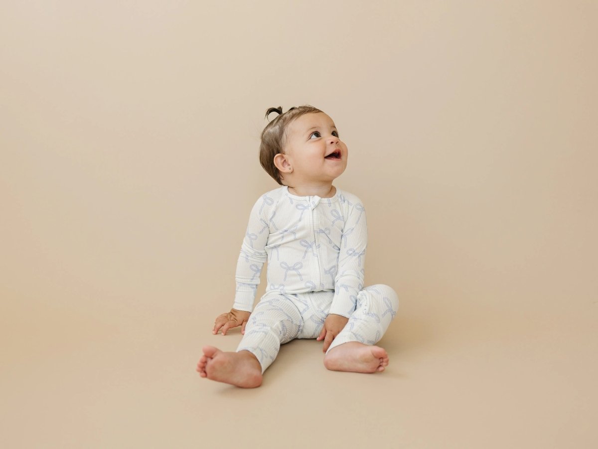 Little Joy Co. Blue Belle Ribbed Bamboo Zippy Romper With Foldover Feet - Everetts Place Boutique - 