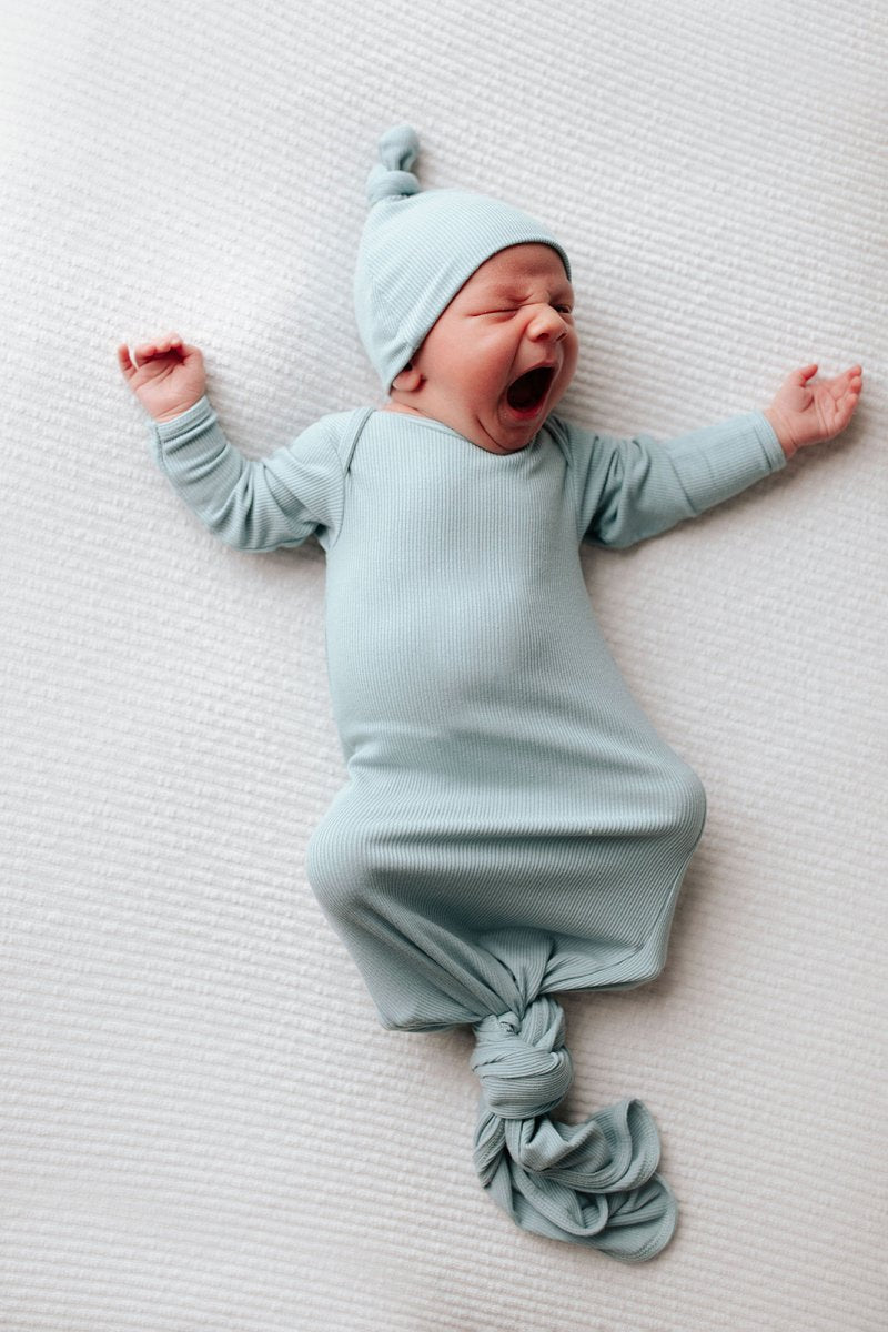 Three Little Tots Blue Bird Ribbed Knotted Newborn Gown - 