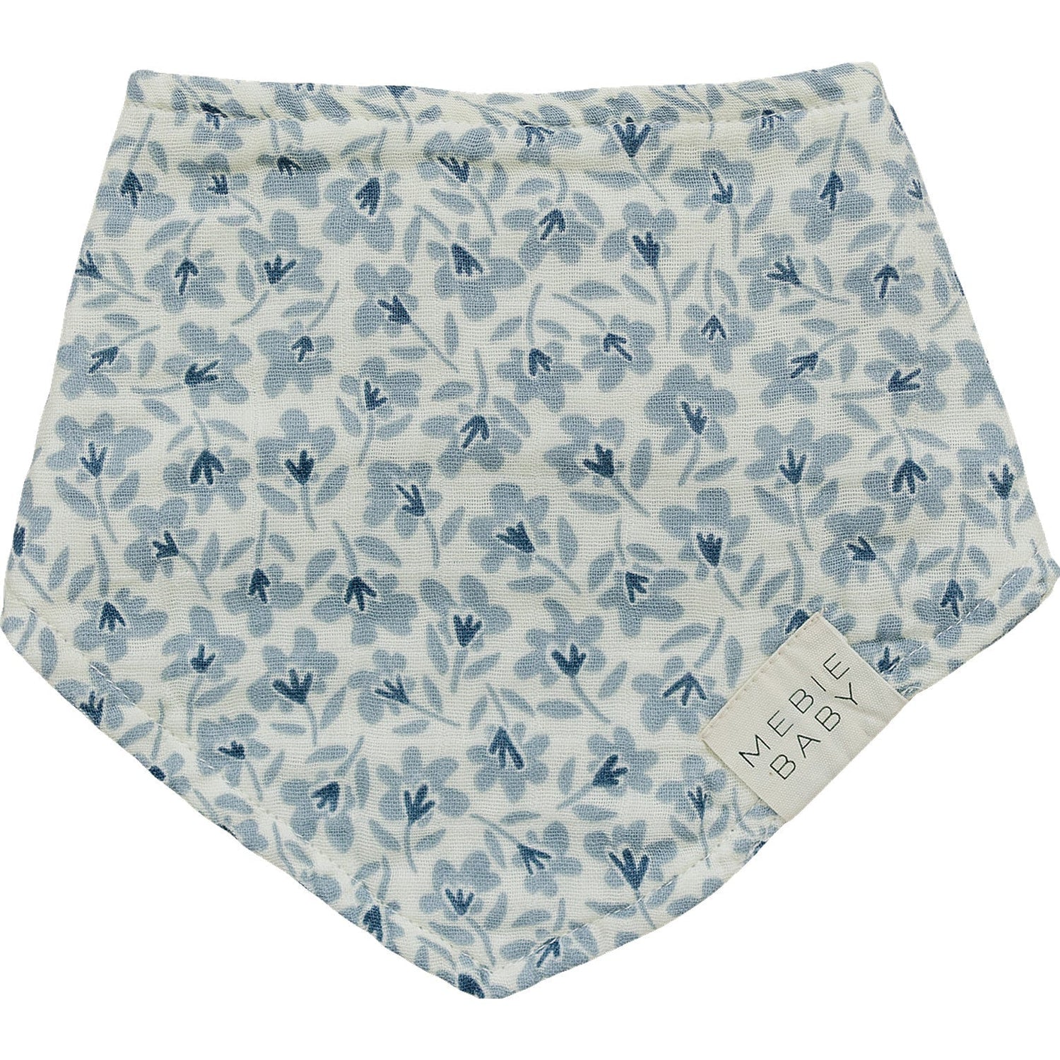 Muslin baby bib with a blue floral blossom print and tie closure