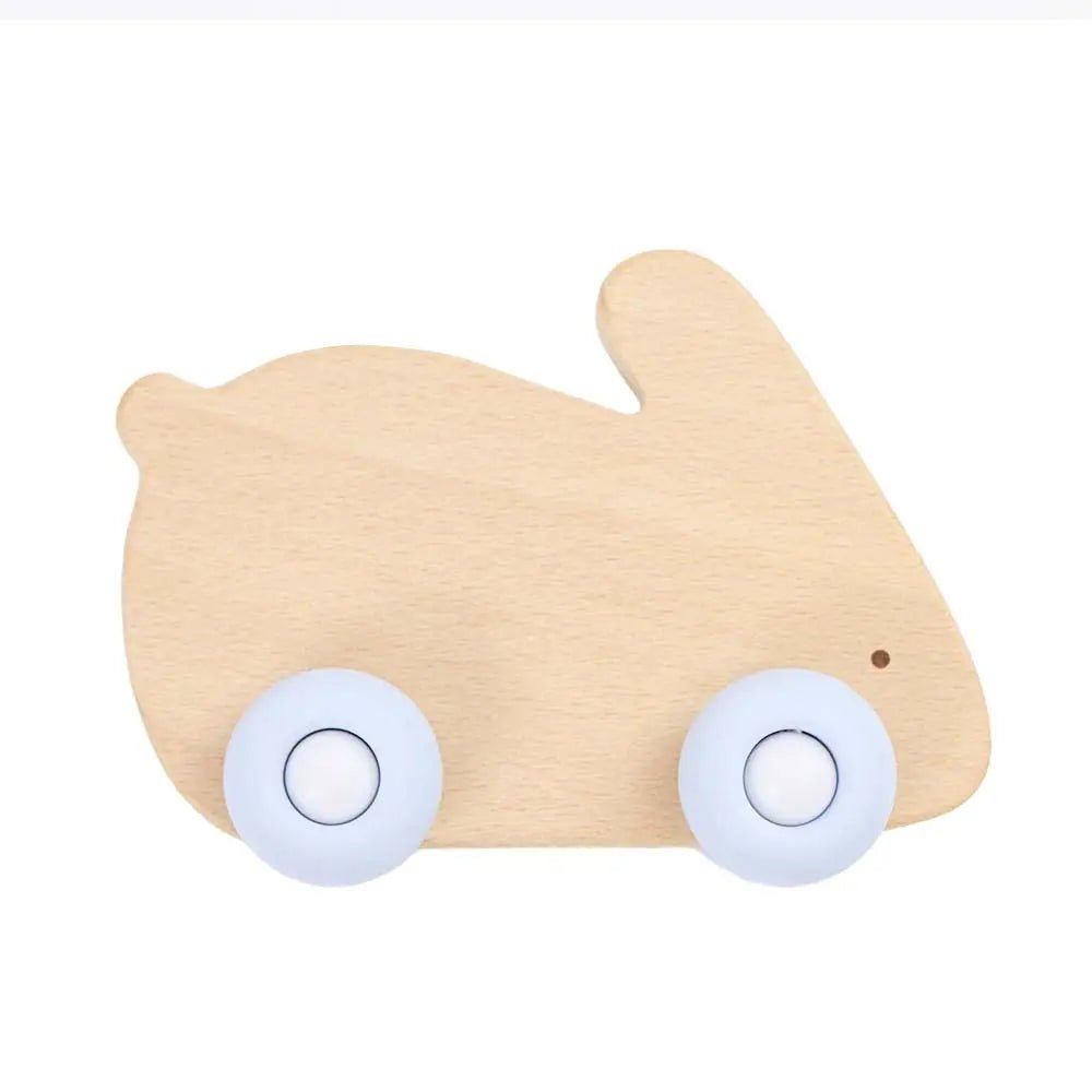 Blue Bunny Silicone and Wood Teether with Wheels for Soothing Babies - Everetts Place