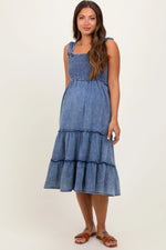 PinkBlush Blue Chambray Smocked Ruffle Tiered Maternity Midi Dress - 