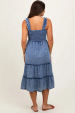 PinkBlush Blue Chambray Smocked Ruffle Tiered Maternity Midi Dress - 
