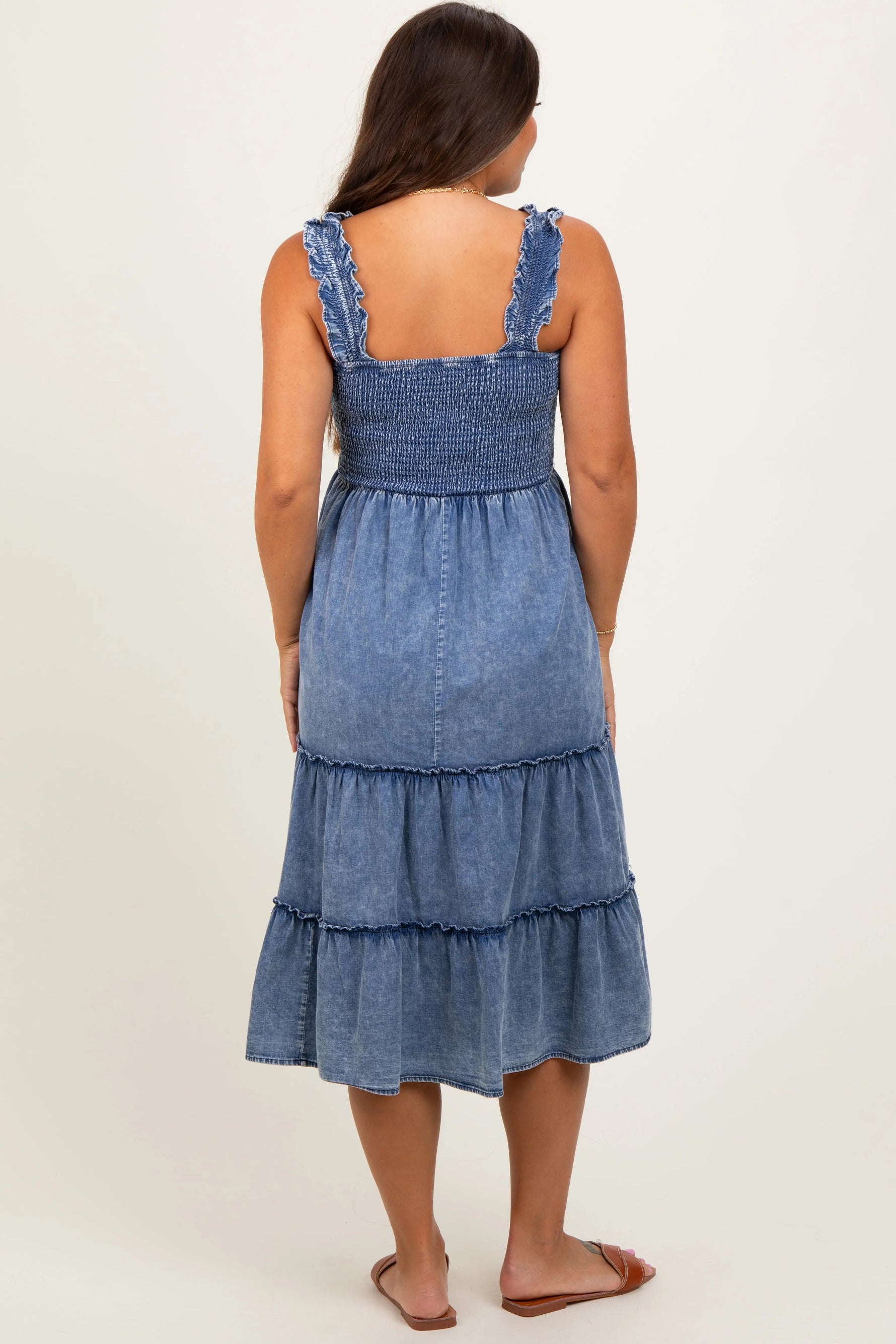 PinkBlush Blue Chambray Smocked Ruffle Tiered Maternity Midi Dress - 