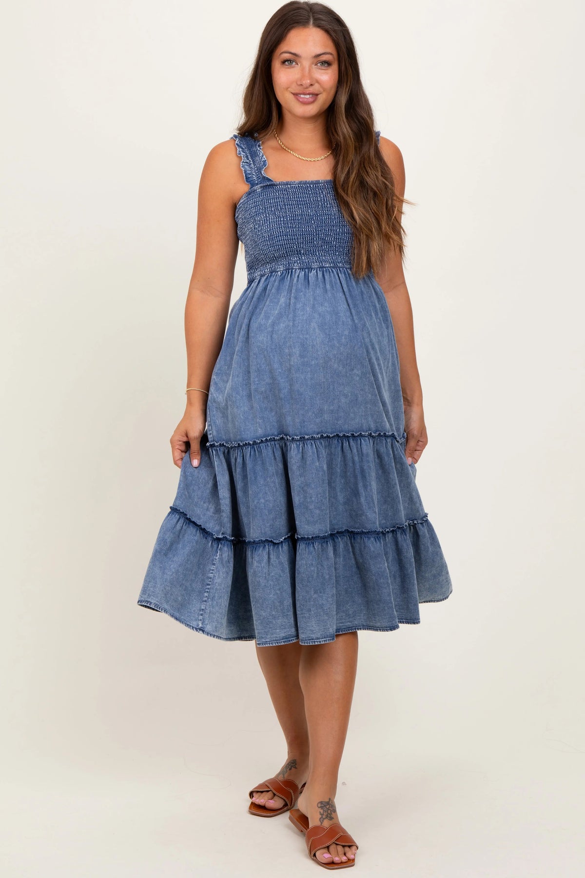 PinkBlush Blue Chambray Smocked Ruffle Tiered Maternity Midi Dress - 