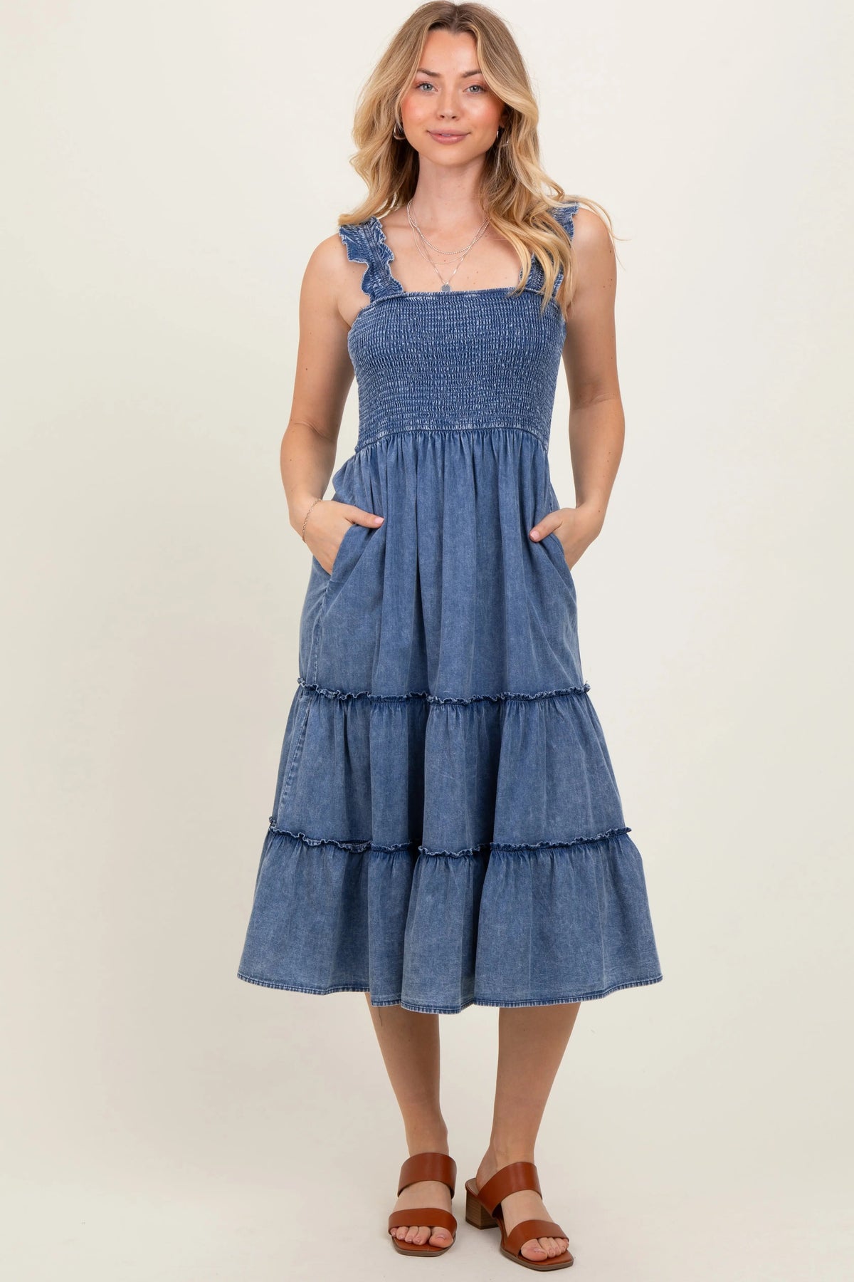 PinkBlush Blue Chambray Smocked Ruffle Tiered Midi Dress - 