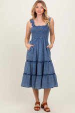 PinkBlush Blue Chambray Smocked Ruffle Tiered Midi Dress - 