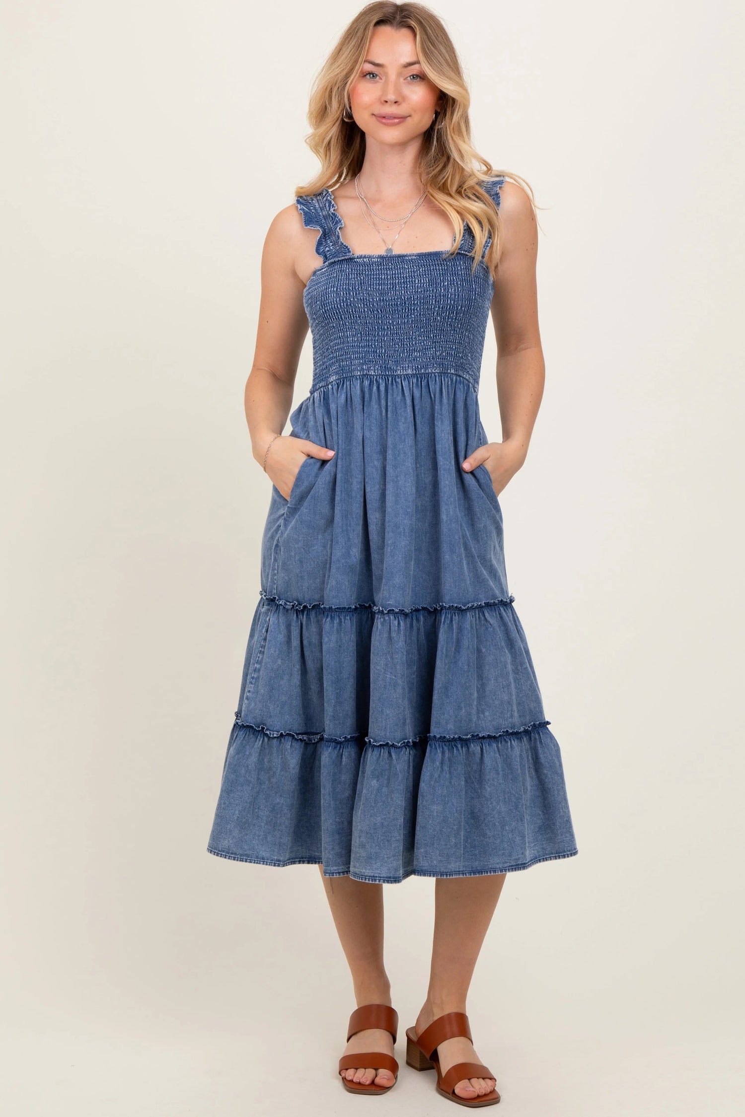 PinkBlush Blue Chambray Smocked Ruffle Tiered Midi Dress - 