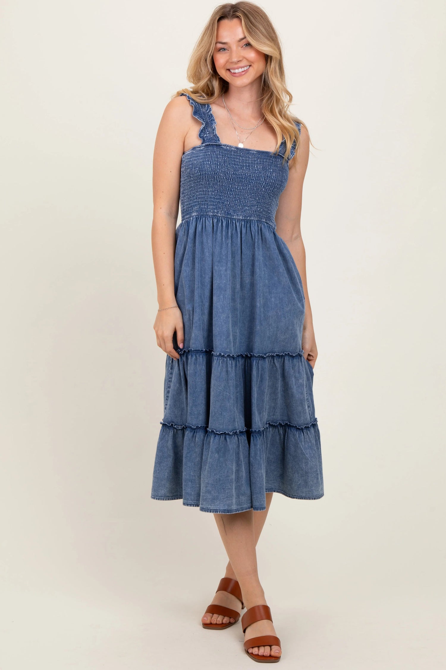PinkBlush Blue Chambray Smocked Ruffle Tiered Midi Dress - 