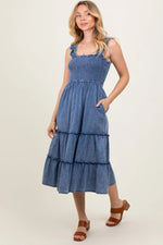 PinkBlush Blue Chambray Smocked Ruffle Tiered Midi Dress - 