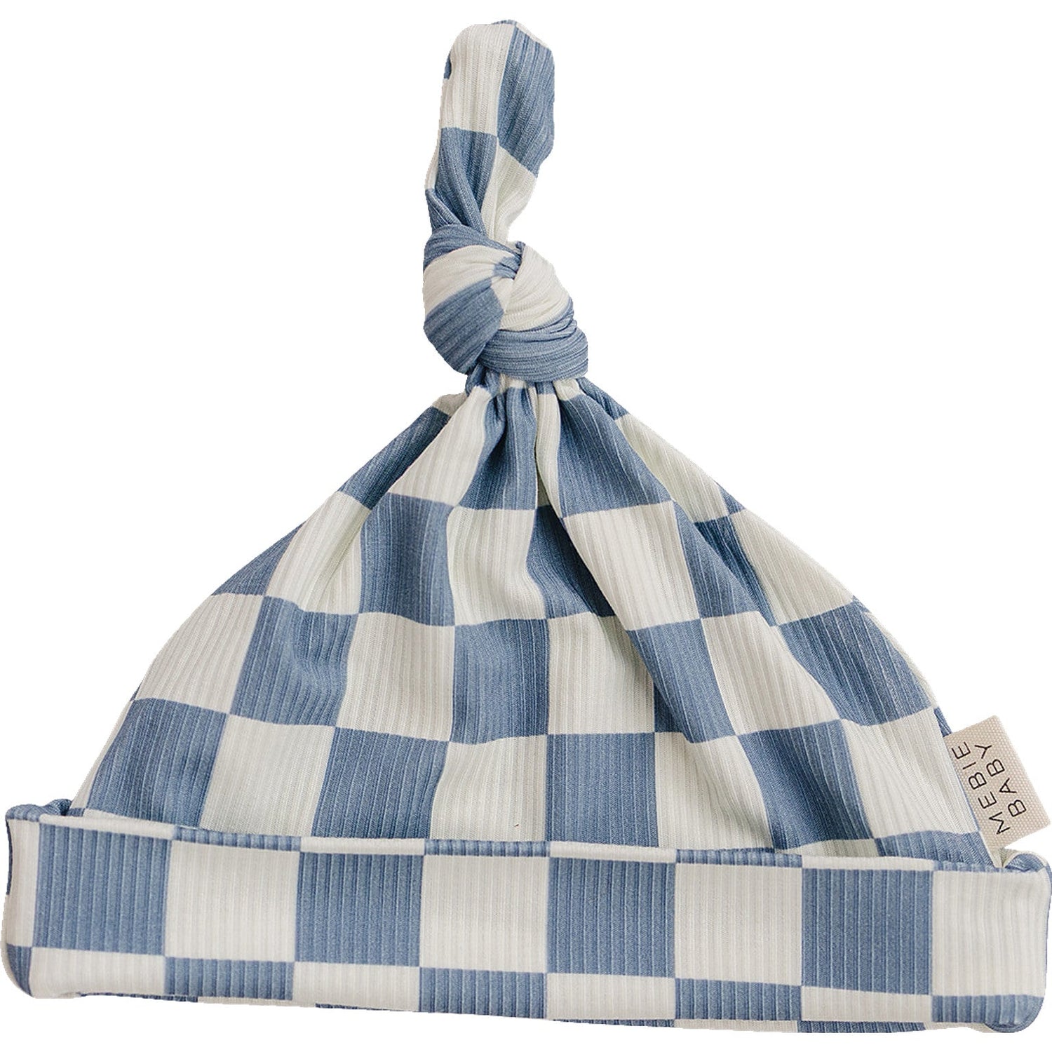 Newborn knot hat in a blue and white checkered pattern with a tied knot at the top