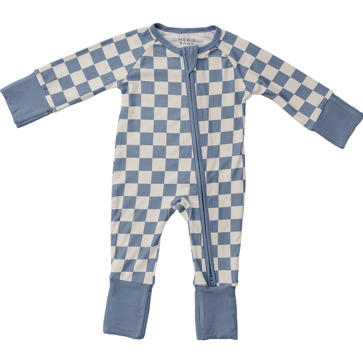 Mebie Baby Blue Checkered Bamboo Zipper Footed Pajamas For Babies With Double Zipper - 