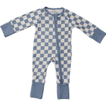 Mebie Baby Blue Checkered Bamboo Zipper Footed Pajamas For Babies With Double Zipper - 