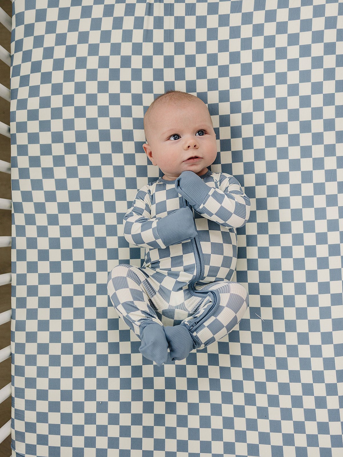 Mebie Baby Blue Checkered Bamboo Zipper Footed Pajamas For Babies With Double Zipper - 