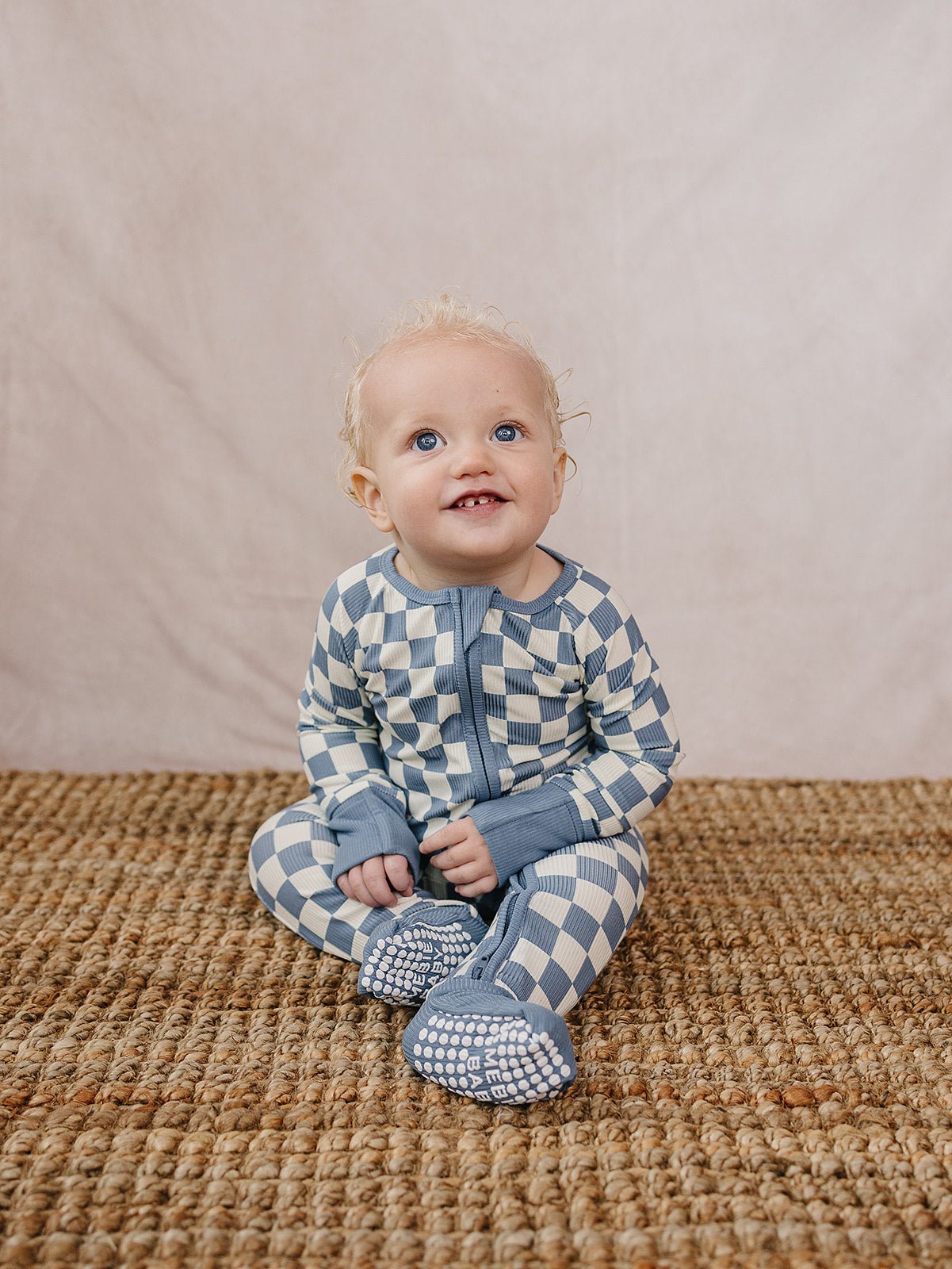 Mebie Baby Blue Checkered Bamboo Zipper Footed Pajamas For Babies With Double Zipper - 