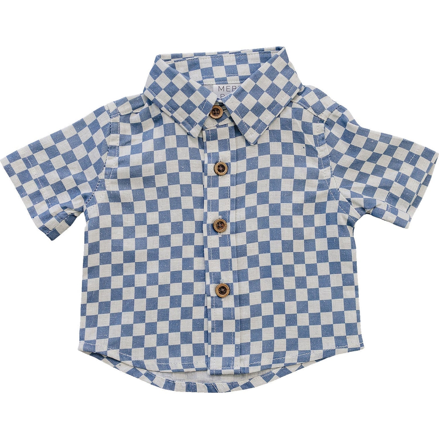 Mebie Baby Blue Checkered Linen Button Up Shirt - 