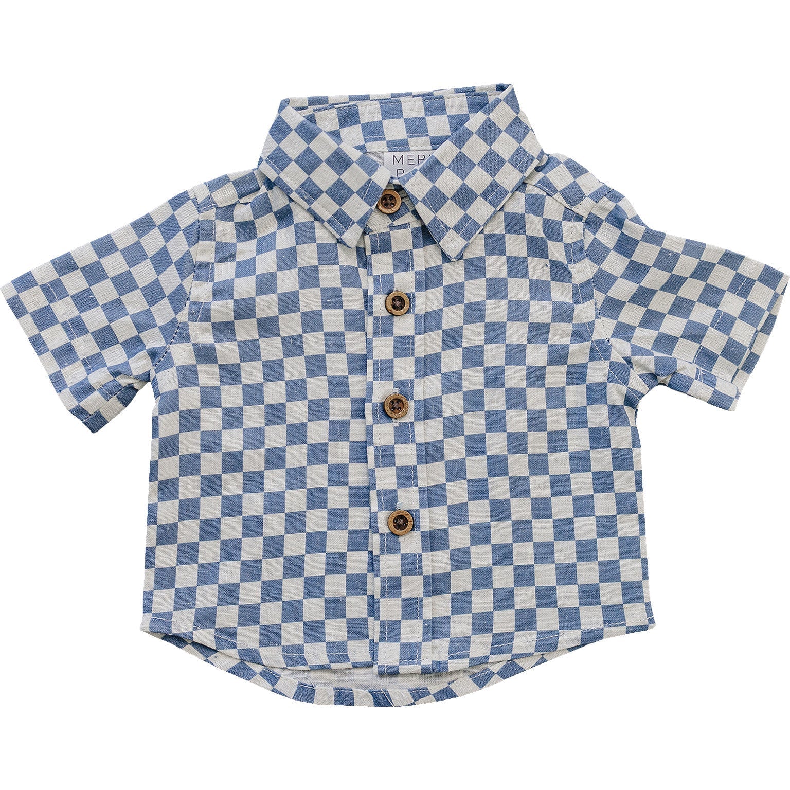 Mebie Baby Blue Checkered Linen Button Up Shirt - 