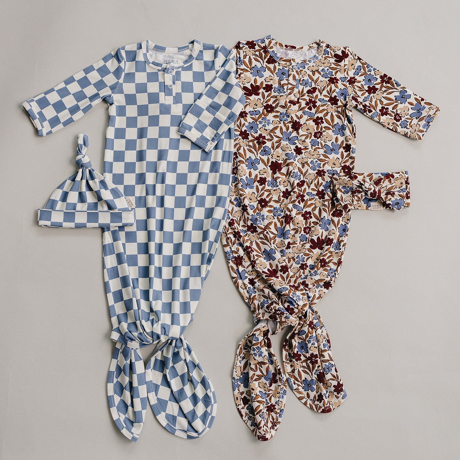 Mebie Baby Blue Checkered Ribbed Bamboo Knot Gown - 