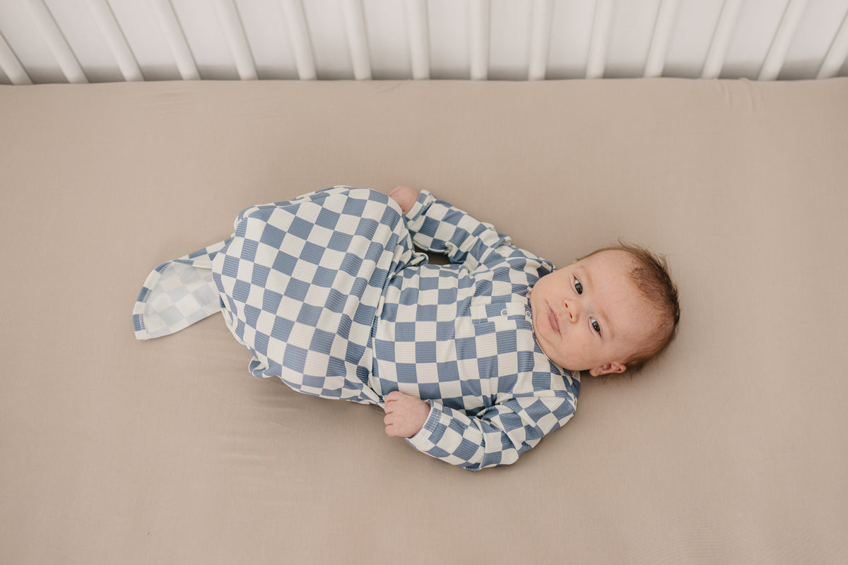Mebie Baby Blue Checkered Ribbed Bamboo Knot Gown - 