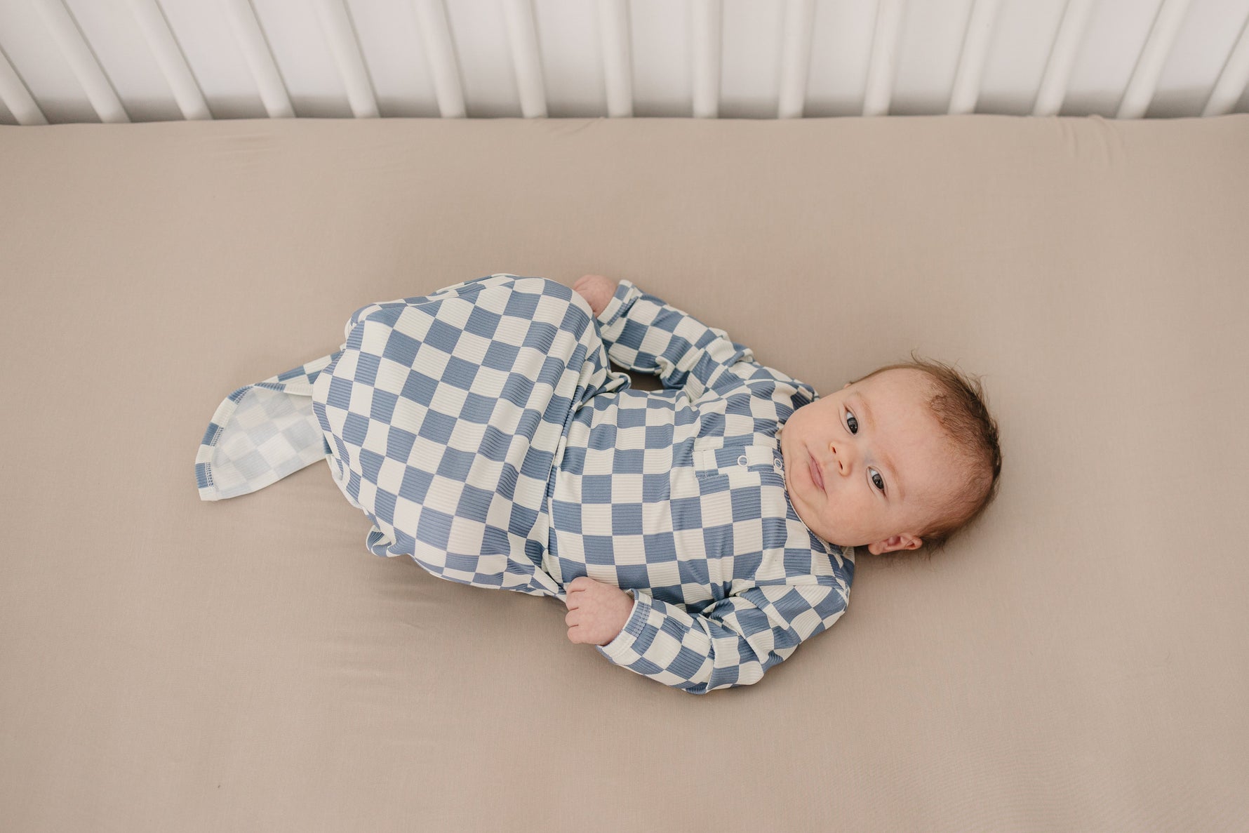 Mebie Baby Blue Checkered Ribbed Bamboo Knot Gown - 